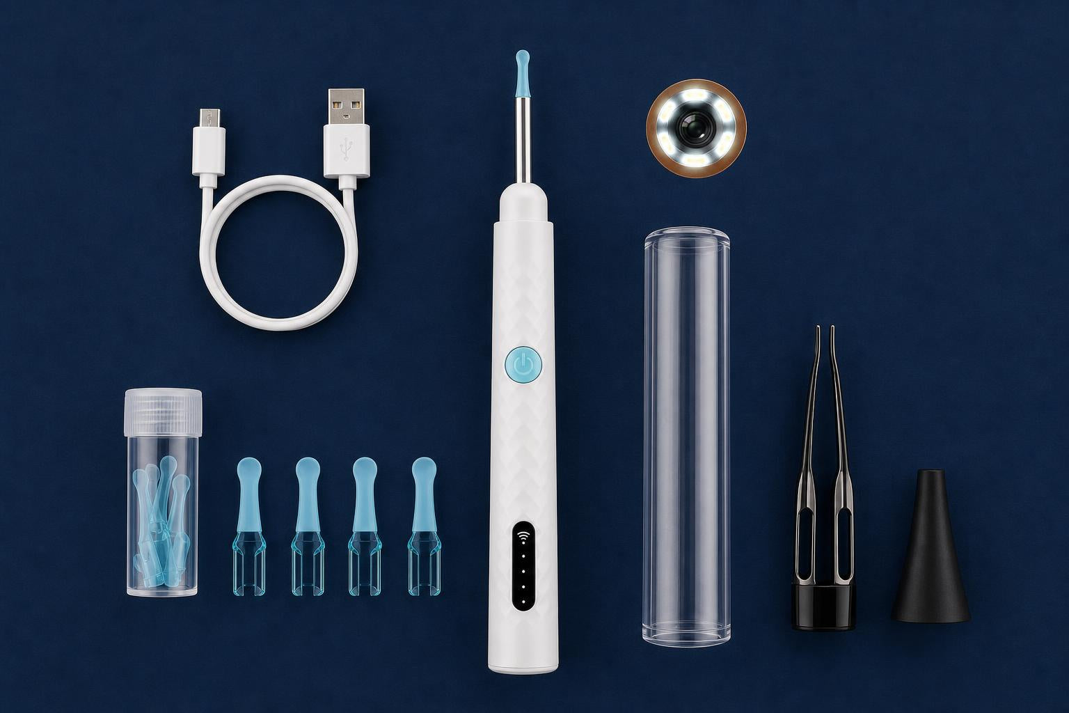 Todo el contenido del kit: aparato, cable USB-C, cucharillas, pinzas y accesorios