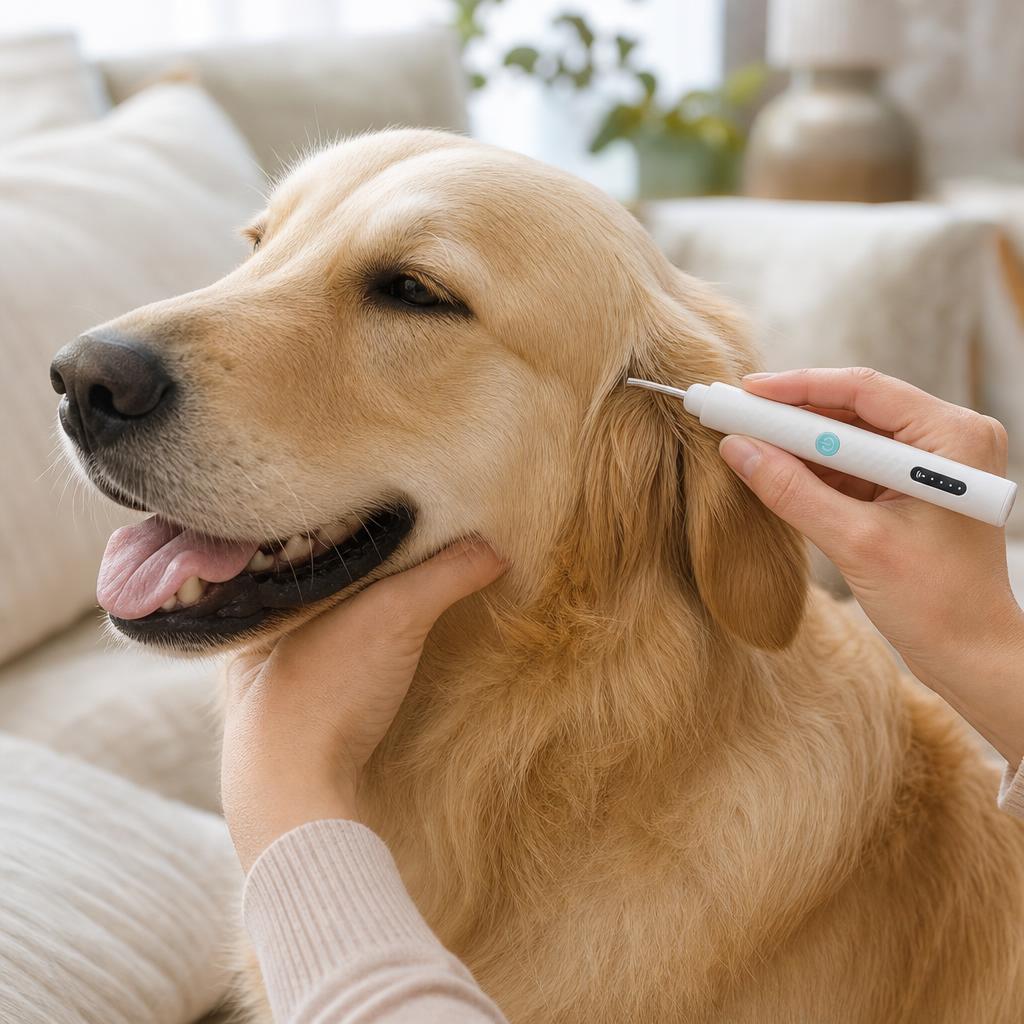 Persona revisando con cuidado la oreja de su perro con el limpiador